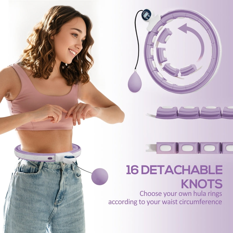 SPORTNOW Smart Weighted Hula Hoop, Massage Hula Ring W 16 Detachable Knots, 360 Auto-Rotating Ball, Digital Counter, Purple - SMARTGLO COLLECTIONS