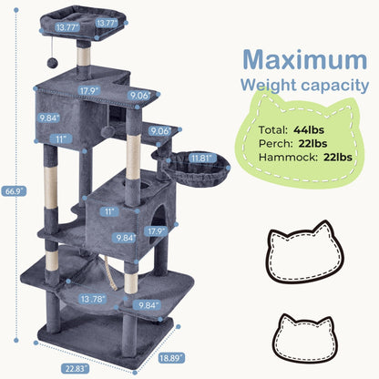 66 Inch Cat Tree Tower, Large Multi-Cat Climbing Extended Platform, Hammock, Pet House For Indoor Cats And Kittens Play