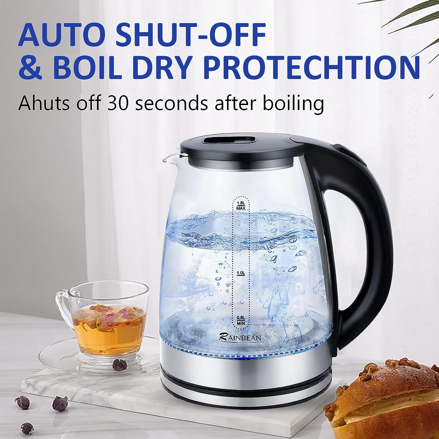 Electric Kettle Water Boiler, 1.8L Electric Tea Kettle, Wide Opening Hot Water Boiler With LED Light, Auto Shut-Off & Boil Dry Protection, Glass Black - SMARTGLO COLLECTIONS