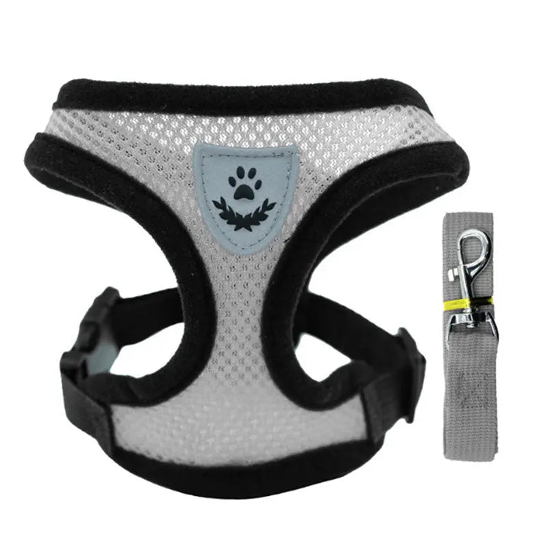 Adjustable pet harness set (small dogs/cats): vest, collar, leash. Fits French Bulldogs, Chihuahuas, etc. CJ  11.08 SMARTGLO COLLECTIONS Silver / XL