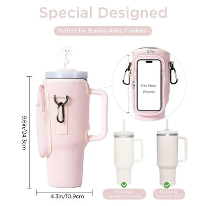 Water Bottle Carrier Bag with Phone Pocket for Stanley 40oz Tumbler with Handle Neoprene Water Bottle Holder Pouch eprolo   SMARTGLO COLLECTIONS
