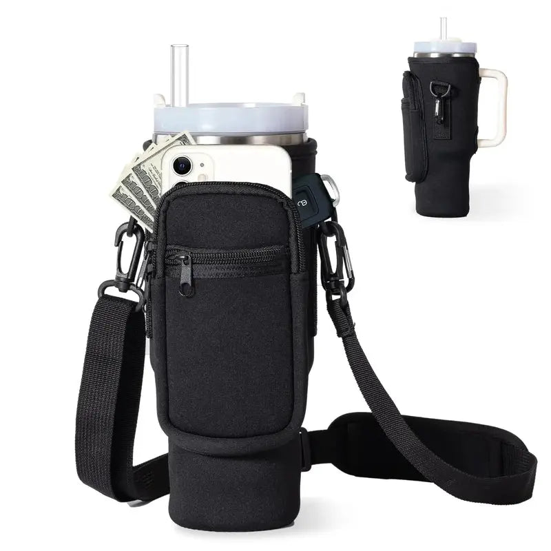 Water Bottle Carrier Bag with Phone Pocket for Stanley 40oz Tumbler with Handle Neoprene Water Bottle Holder Pouch eprolo  15.60 SMARTGLO COLLECTIONS Black