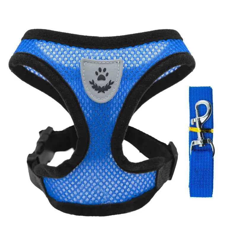 Adjustable pet harness set (small dogs/cats): vest, collar, leash. Fits French Bulldogs, Chihuahuas, etc. CJ  11.08 SMARTGLO COLLECTIONS Blue / XL