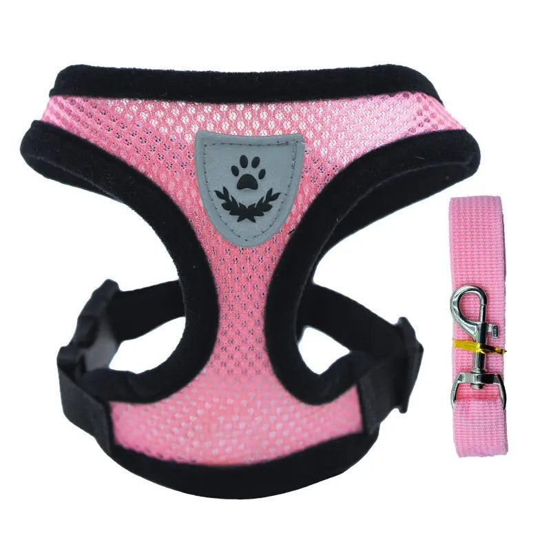 Adjustable pet harness set (small dogs/cats): vest, collar, leash. Fits French Bulldogs, Chihuahuas, etc. CJ  11.08 SMARTGLO COLLECTIONS Pink / XL