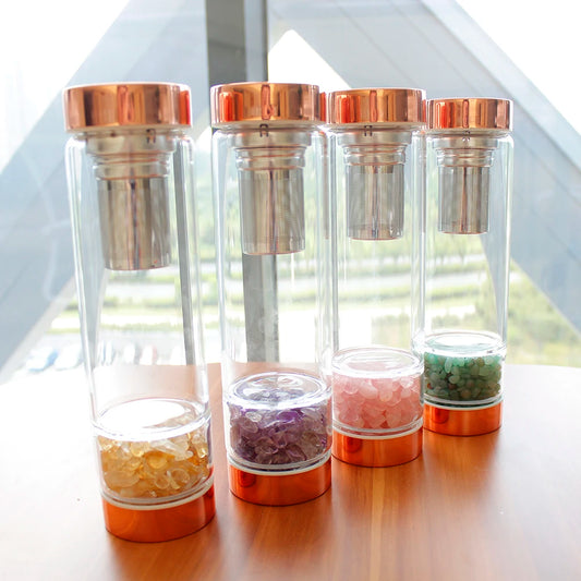 Natural  Crystal Elixir Bottles gemstone Glass  therapy stone Tea filter filter bottle Healing Crystal Infuser Energy cup