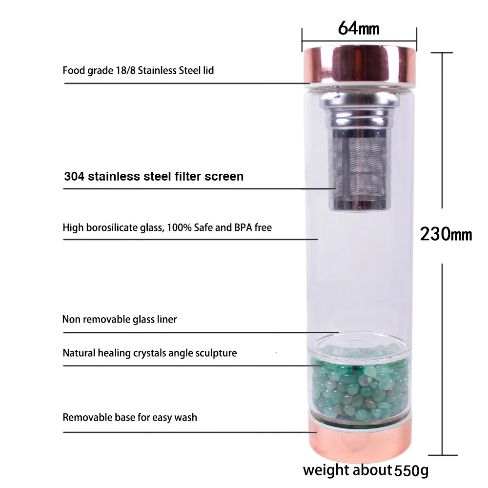Natural  Crystal Elixir Bottles gemstone Glass  therapy stone Tea filter filter bottle Healing Crystal Infuser Energy cup - SMARTGLO COLLECTIONS