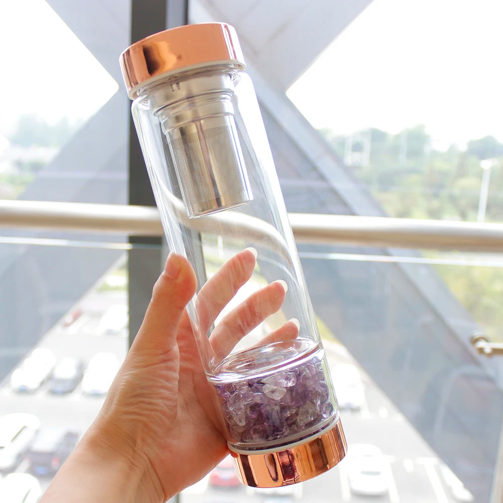 Natural  Crystal Elixir Bottles gemstone Glass  therapy stone Tea filter filter bottle Healing Crystal Infuser Energy cup - SMARTGLO COLLECTIONS