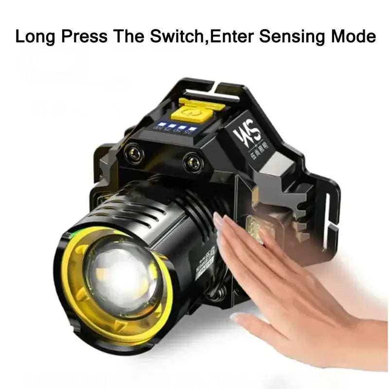 Powerful LED headlamp with motion sensor, showcasing sensing mode activation with a hand gesture.