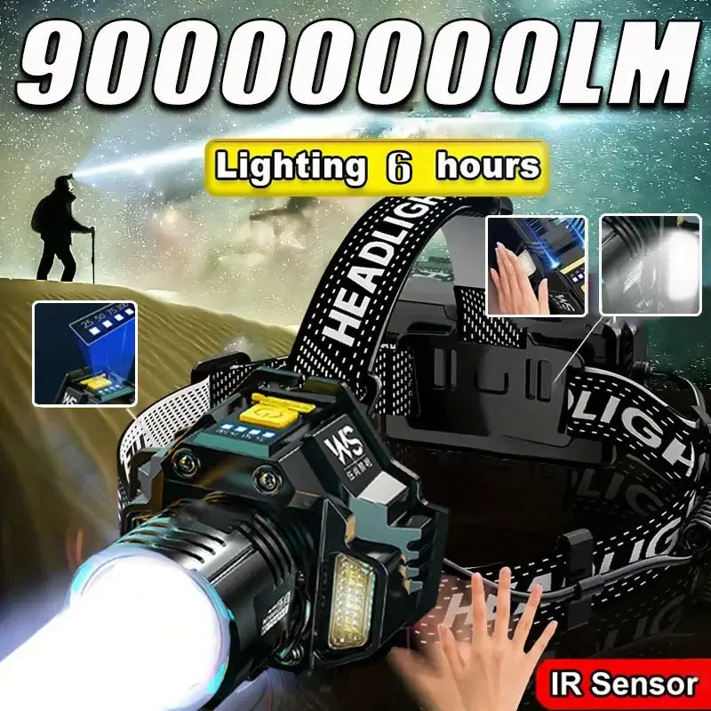 Powerful LED headlamp with motion sensor, providing 90000000LM brightness and 6 hours of lighting for outdoor adventures.