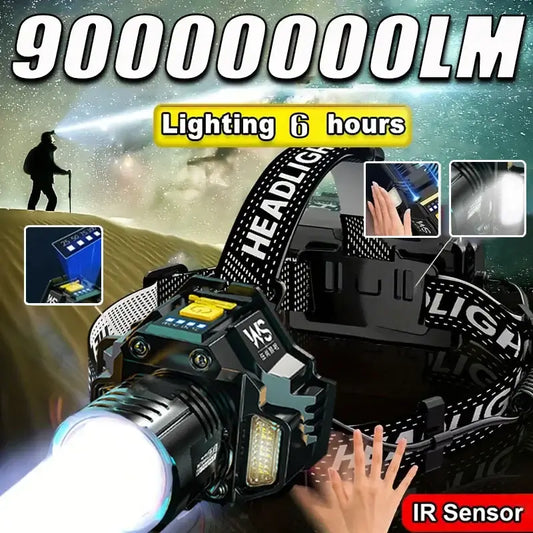 Powerful LED headlamp with motion sensor, providing 90000000LM brightness and 6 hours of lighting for outdoor adventures.