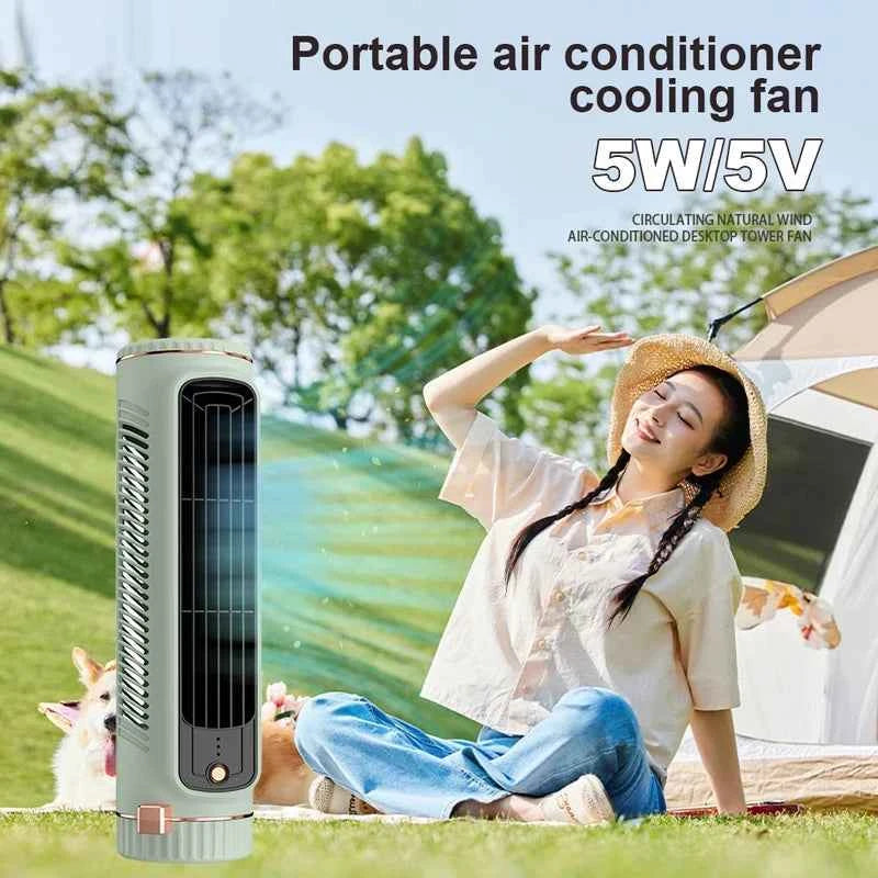 SMARTGLO COLLECTIONS desktop tower fan with USB charging, compact portable air conditioner and circulating fan for room cooling.