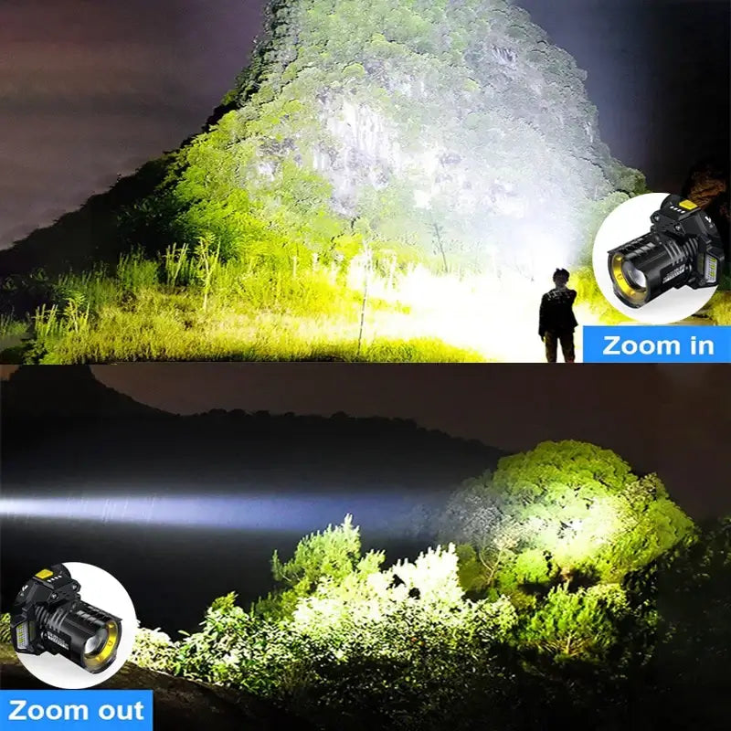 Powerful LED headlamp with motion sensor illuminating a hillside at night, showcasing zoom in and zoom out features.