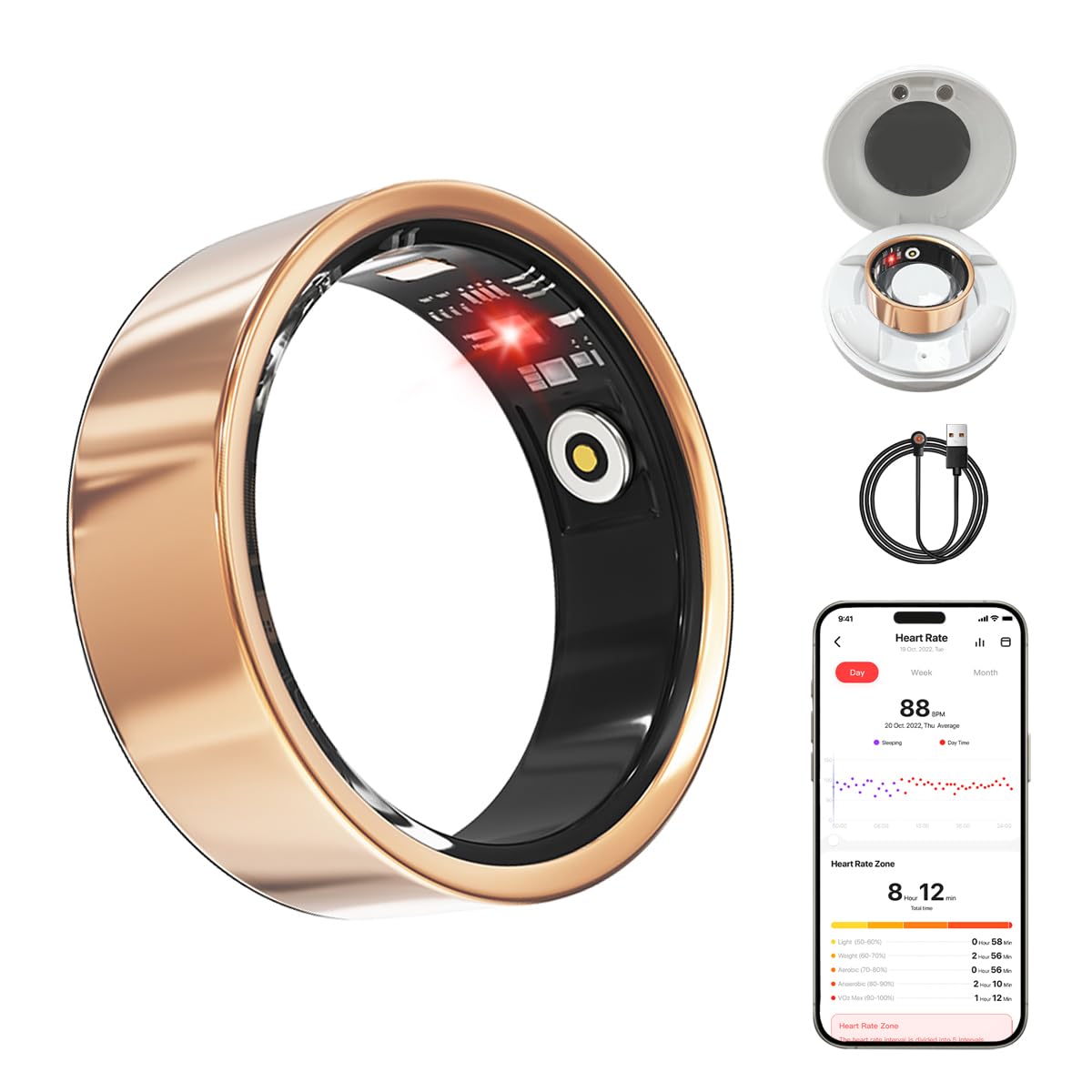 Health Smart Ring, Fitness Tracker, With Heart Rate, Blood Oxygen, Heart Rate Variability, Sleep Monitoring, Step Count, IP68 Compatible With IPhone And Android, No Subscription Fee Required