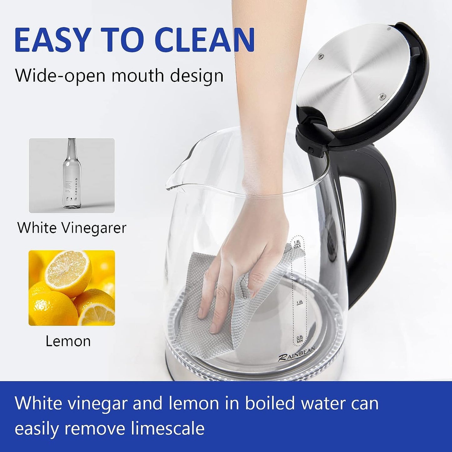 Electric Kettle Water Boiler, 1.8L Electric Tea Kettle, Wide Opening Hot Water Boiler With LED Light, Auto Shut-Off & Boil Dry Protection, Glass Black - SMARTGLO COLLECTIONS