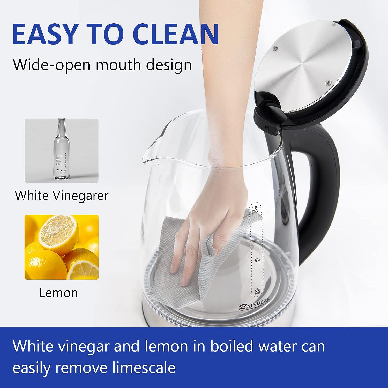 Electric Kettle Water Boiler, 1.8L Electric Tea Kettle, Wide Opening Hot Water Boiler With LED Light, Auto Shut-Off & Boil Dry Protection, Glass Black - SMARTGLO COLLECTIONS